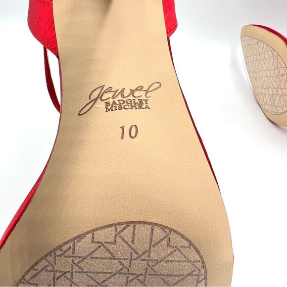 Jewel Badgley Mischka Size 10 Ojai Jeweled Red Satin Heels Dress Sandals Shoes - Picture 13 of 14
